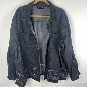 Denim & Co Black Floral Stitch Denim Jacket Size 2X